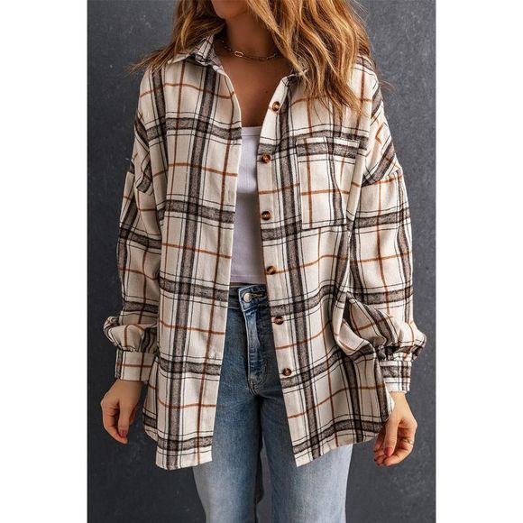 Azura Exchange  White Oversized Plaid Pattern Shacket with Slits - Picture 5 of 15